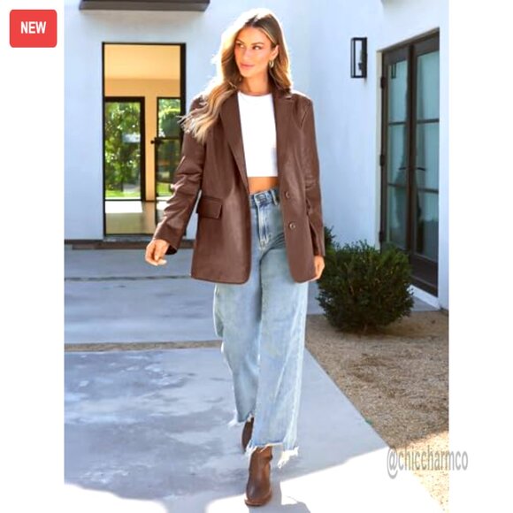 Oversized Faux Leather Motorcycle Jacket Y2K Punk Biker Bomber Coat Fall Winter - Picture 6 of 6